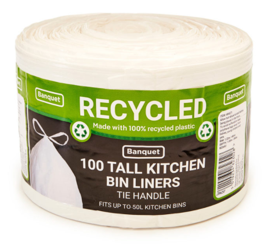 Banquet Recycled Tie Handle Tall Kitchen Bin Liners Pack of 1 x 100 Bags