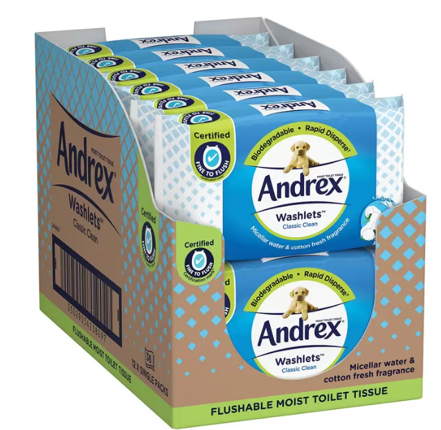 Andrex Classic Clean Washlets Wipes, 12 x 36 Pack