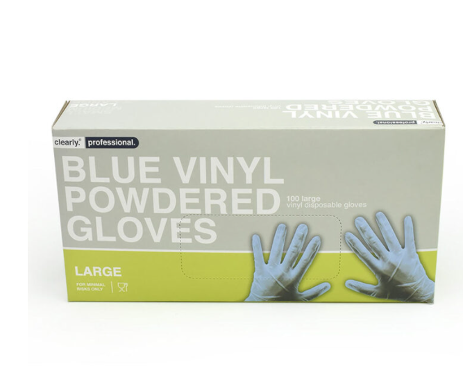 Clearly Professional Blue Vinyl Powdered Medium Or Large Gloves, Pack of 100