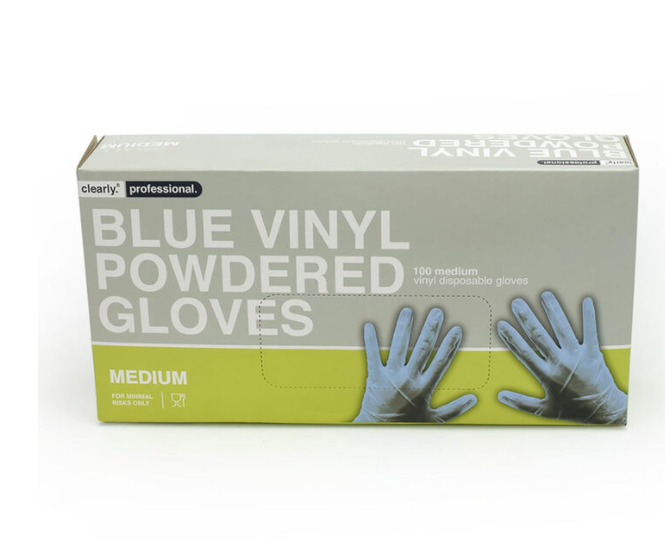 Clearly Professional Blue Vinyl Powdered Medium Or Large Gloves, Pack of 100