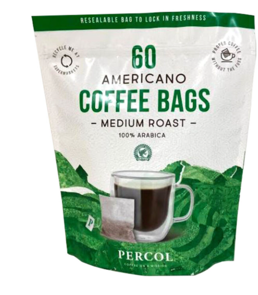 Percol Americano Medium Roast Smooth 100% Arabica Coffee Bags, 60 x 8g