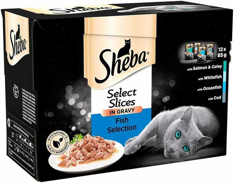 Sheba Select Slices in Gravy - Fish Selection - Wet Cat food Pouches for adult cats - 12 x 85 g Pack
