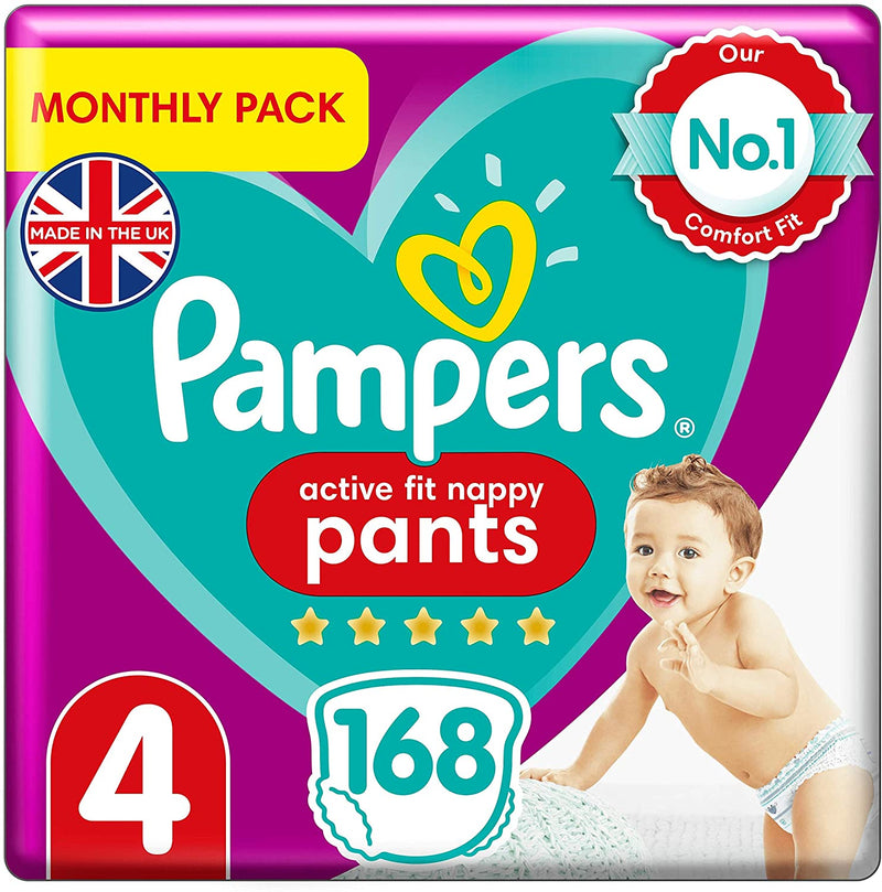 Pampers Size 4 Active Fit Nappy Pants 168 count monthly pack - (9kg - 15kg)